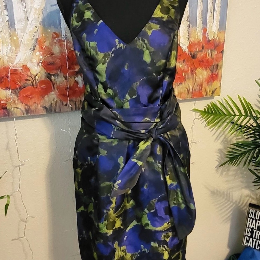 Vintage Asymmetrical Blue & Green Floral Wrap-Front Satin Dress